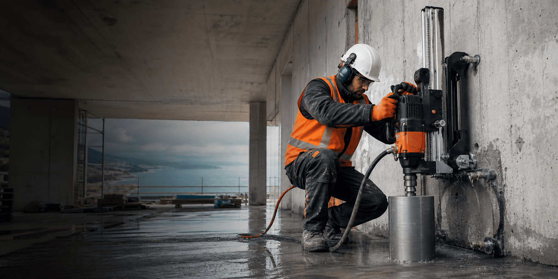 Beton duvarda karot delme makinesiyle çalışan güvenlik ekipmanlı usta